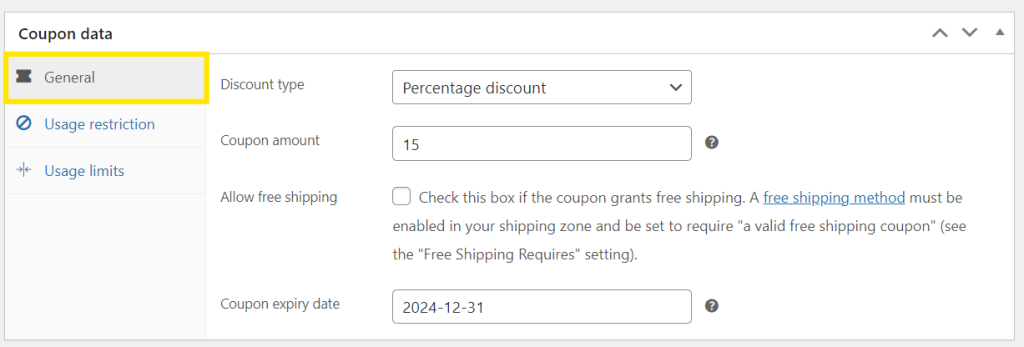 WooCommerce general coupon settings, showing options for discount types, coupon amounts, free shipping, and more