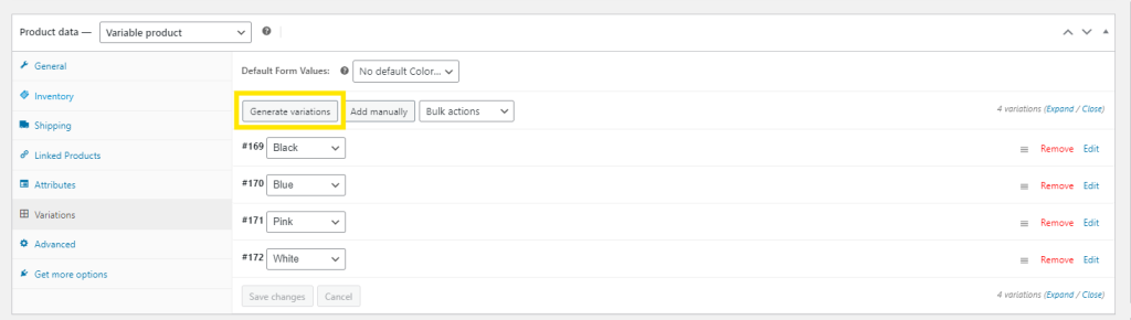 WooCommerce Variations tab showing generated color variations for a variable product