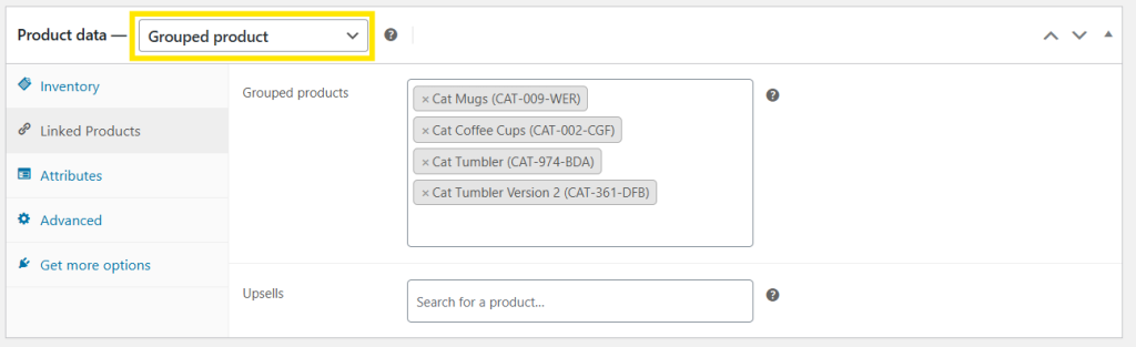 WooCommerce settings for a Grouped Product, showing linked products like mugs and tumblers grouped together 