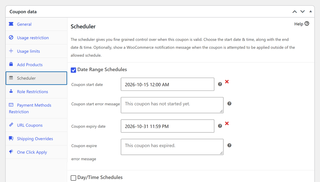 Advanced Coupons Scheduler tab met Date Range Schedules aan, een startdatum van 2026-10-15 12:00 AM en een vervaldatum van 2026-10-31 11:59 PM