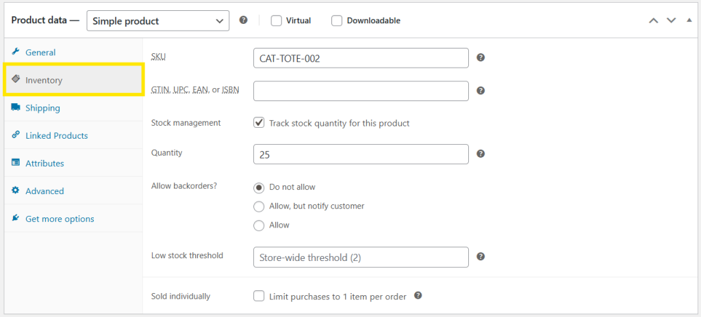 Inventory tab in WooCommerce, displaying options for stock management, SKU, and backorder settings