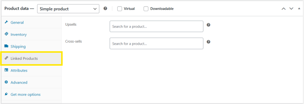 Linked Products tab in WooCommerce, showing fields for adding upsells and cross-sells to a product