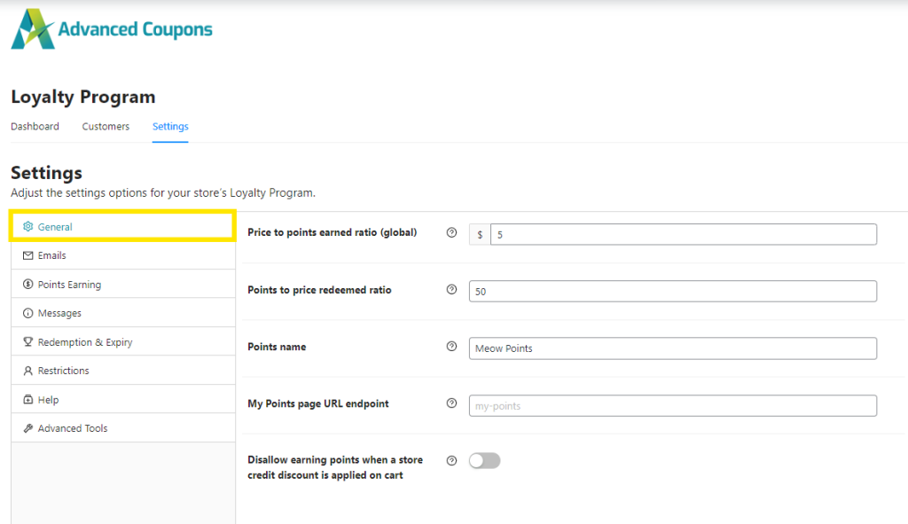 General settings in the Loyalty Program, showing points earned ratio, points redeemed ratio, and point name settings.