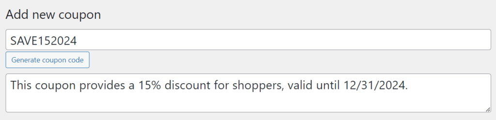 WooCommerce coupon creation screen, showing a custom coupon code field and a description input box for specifying coupon details.