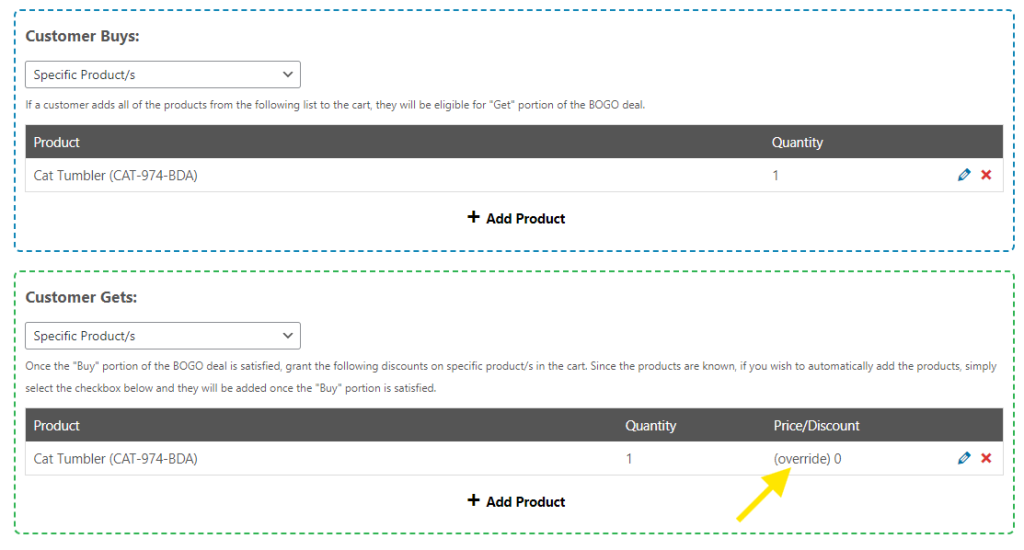 Overriding prices for the free product in WooCommerce BOGO deal settings