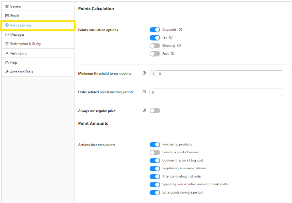 Points Earning settings, showing options for calculating points on discounts, tax, shipping, and minimum thresholds