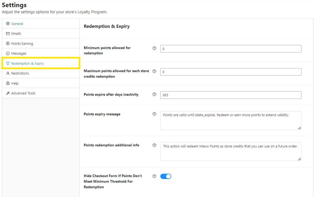 Redemption and Expiry settings, showing options for minimum points required, points expiration, and customer messages 