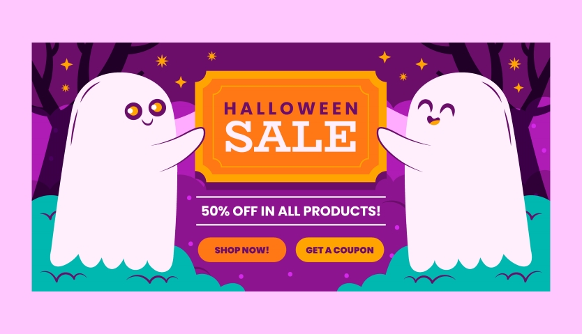 Example of a Halloween Sale theme, featuring a 50% discount and cute graphics.