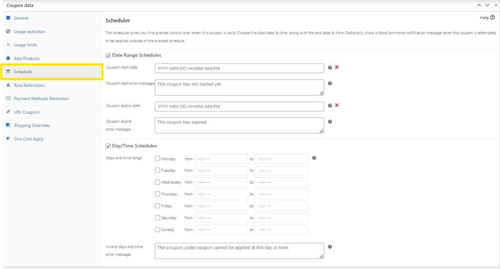 Scheduler feature in Advanced Coupons, allowing users to set date and time ranges for coupon validity and customize error messages.