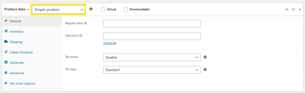 Product type dropdown in WooCommerce, with “Simple Product” selected in the Product Data section 