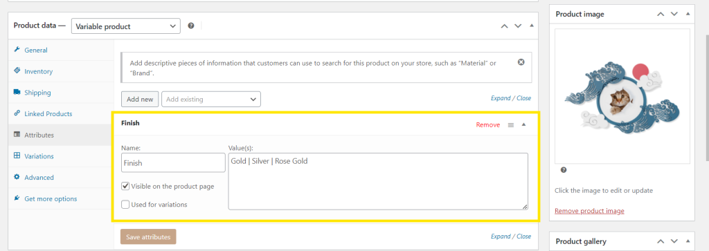 WooCommerce product data section showing the custom attribute “Finish” being set with values for Gold, Silver, and Rose Gold.