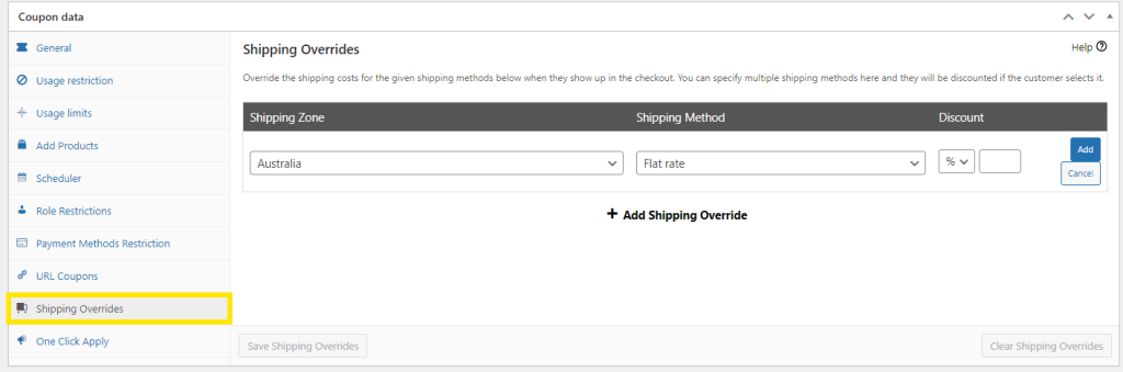 Shipping overrides settings in Advanced Coupons, showing how to customize shipping methods and apply discounts based on shipping zones