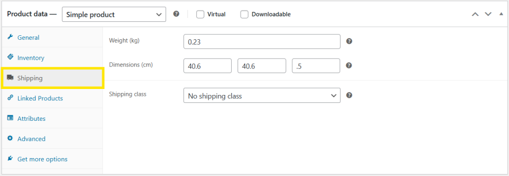 Shipping tab in WooCommerce, showing fields for entering product weight, dimensions, and shipping class