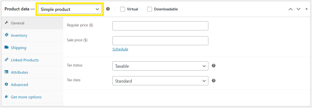 WooCommerce product data settings for a Simple Product, showing options for regular and sale prices, tax status, and tax class selection