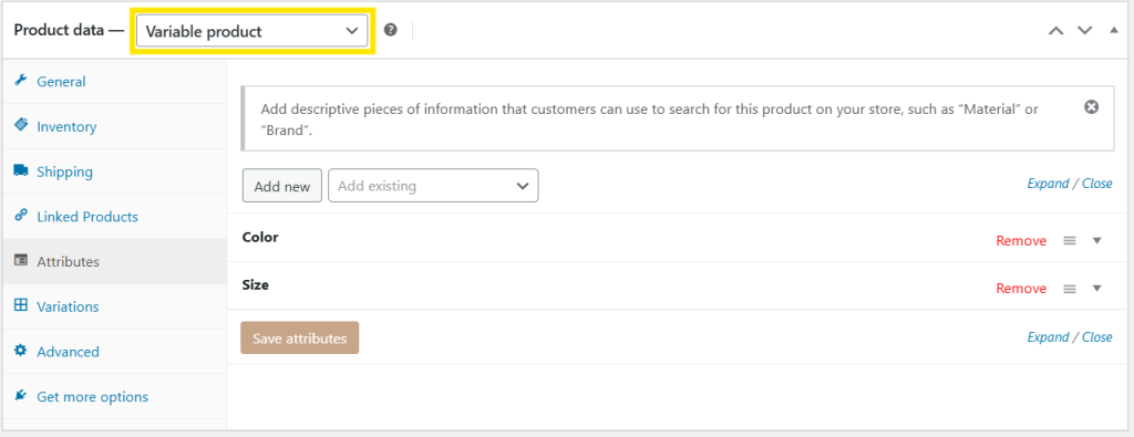WooCommerce settings for a Variable Product, showing attributes like color and size for creating product variations