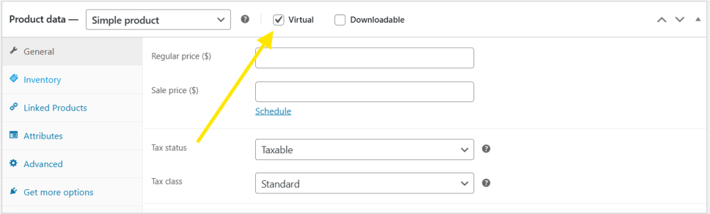 WooCommerce product data settings for a Virtual Product, showing pricing, tax options, and the Virtual checkbox selected