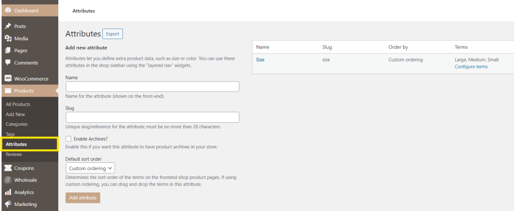 The Attribute settings in WooCommerce 