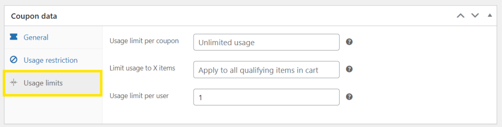 WooCommerce usage limits settings for coupons, showing options for limiting total redemptions, limiting coupon usage per item, and per-user restrictions