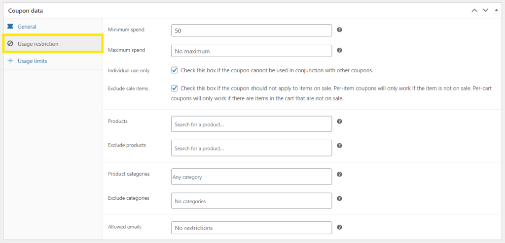 WooCommerce usage restriction settings for coupons, highlighting fields such as minimum and maximum spend, individual use, and more 