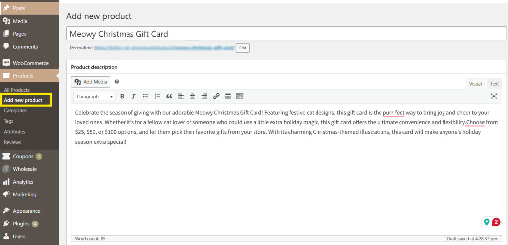 WooCommerce product editor screen showing the Add New Product page for creating a variable gift card 