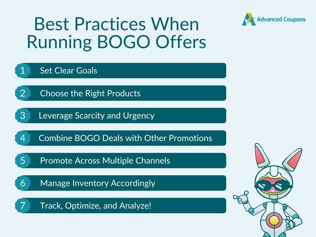 Infographic listing best practices for running BOGO offers, including setting goals and managing inventory