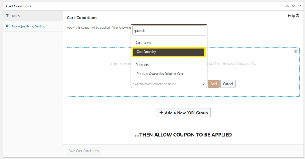 Advanced Coupons cart conditions feature, highlighting the selection of "Cart Quantity" as a condition