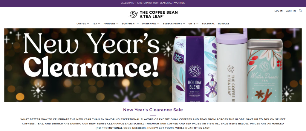 Clearance sale banner highlighting discounted holiday-themed coffee and tea products during the New Year 