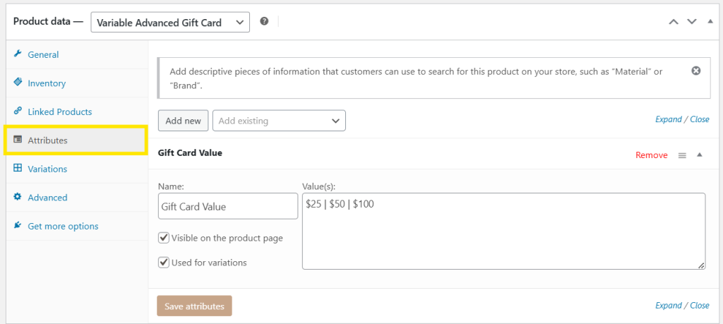 Product attributes section in WooCommerce showing gift card values: , , and 0 