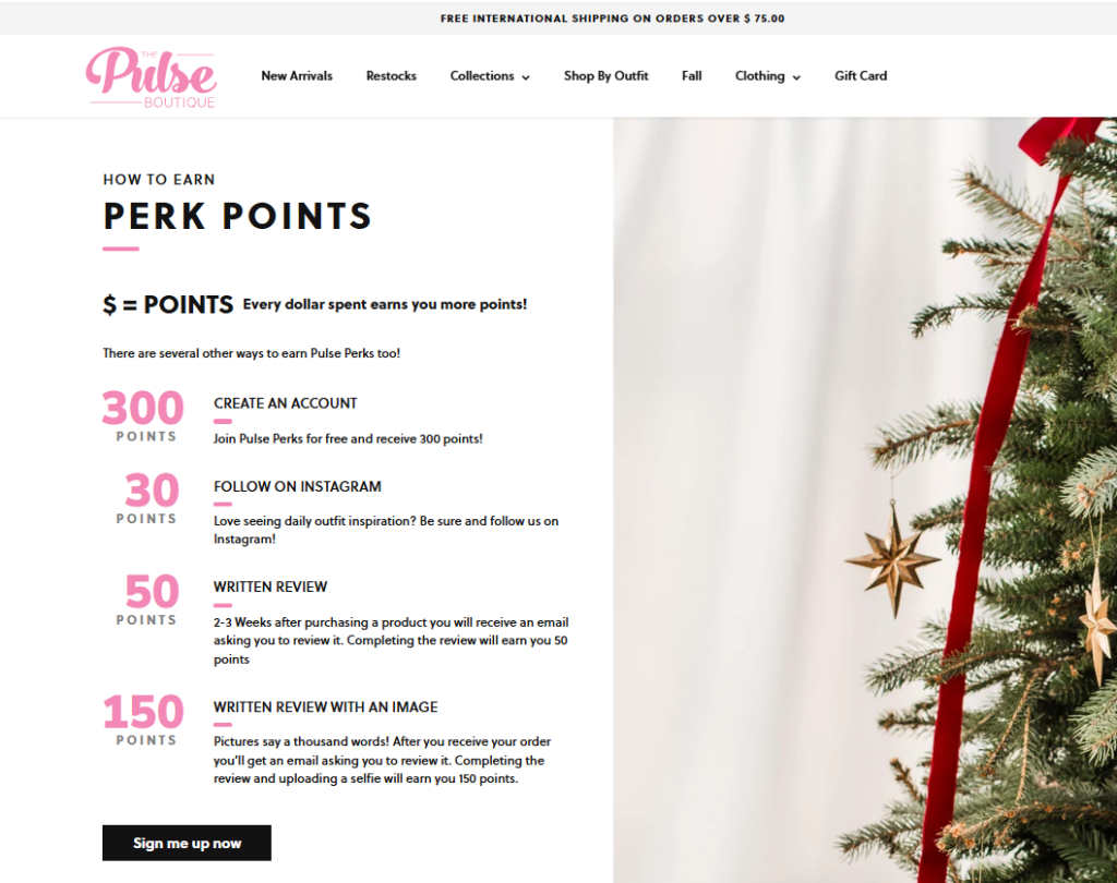 Pulse Boutique's loyalty program showing various ways to earn points, including account creation, social media follow, and writing reviews 