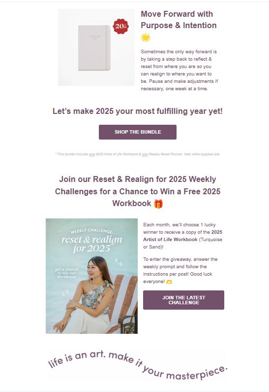 Email campaign featuring a 2025 workbook bundle and a Reset & Realign weekly challenge giveaway.