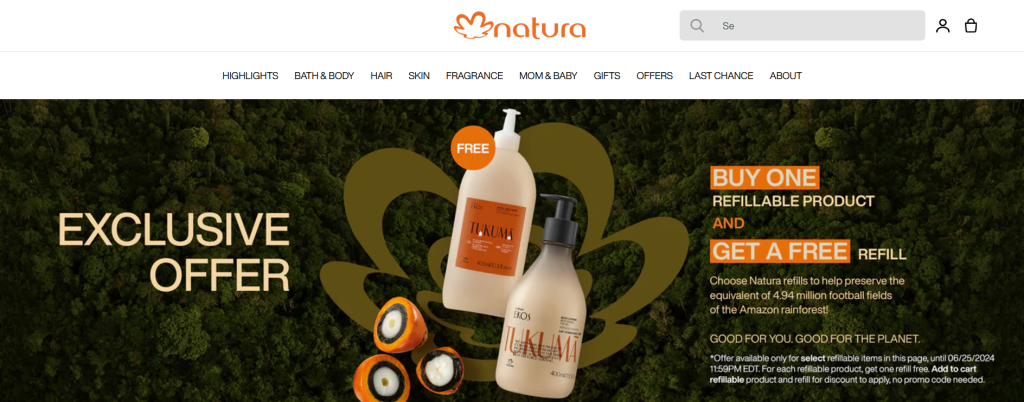 Exclusive Buy One, Get One Free offer on Natura refillable products with eco-friendly messaging