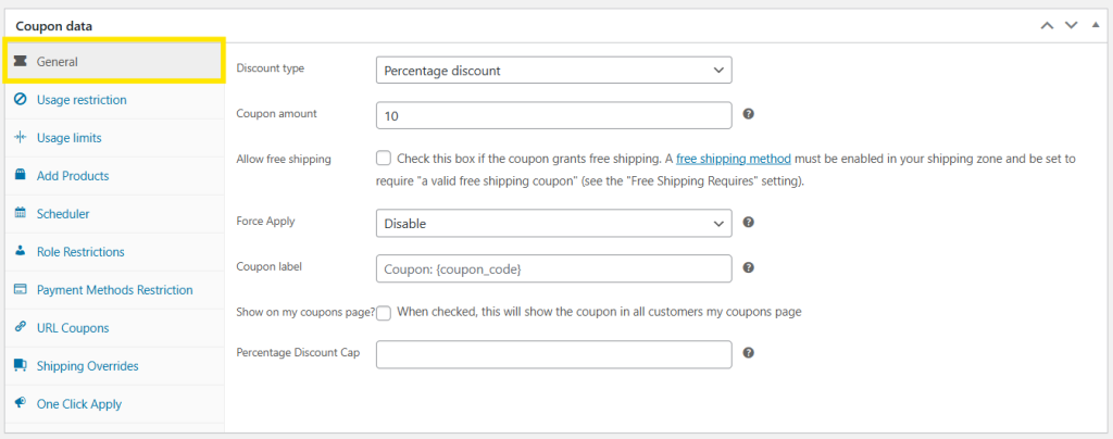 General tab in WooCommerce coupon settings, showing options like discount type, coupon amount, and free shipping