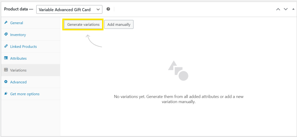 Generate variations button highlighted in the WooCommerce product editor for variable gift cards 