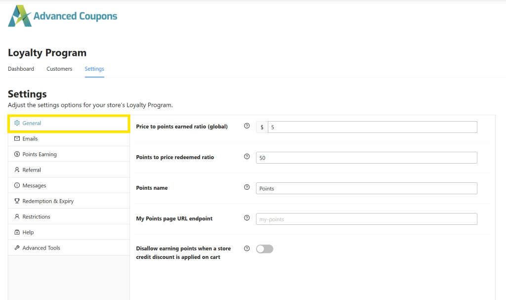loyalty-program-settings-page - Advanced Coupons General settings in the Loyalty Program, showing points earned ratio, points redeemed ratio, and point name settings.