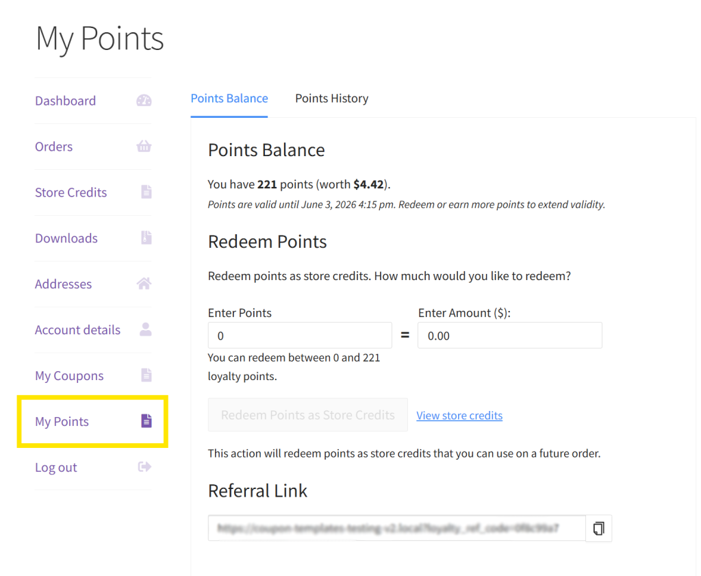 My Points page showing points balance, redemption options, and referral link available in the customer’s account area 