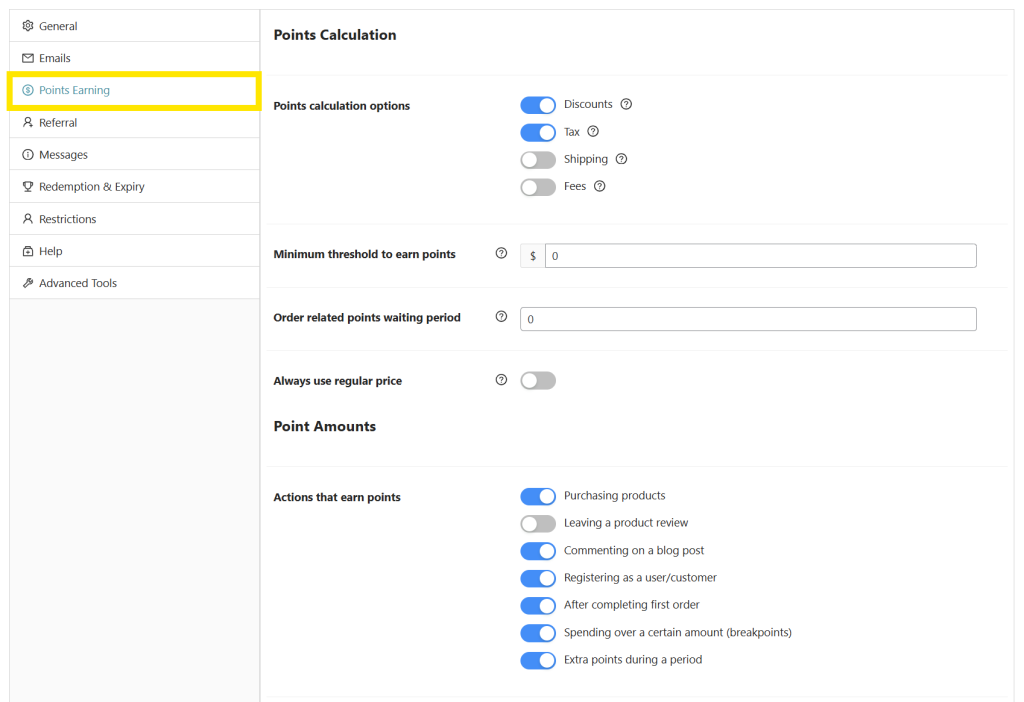 Points Earning settings, showing options for calculating points on discounts, tax, shipping, and minimum thresholds