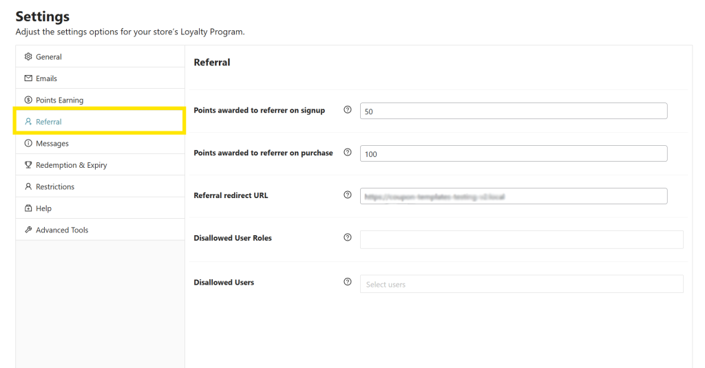 Referral settings tab in WooCommerce Loyalty Program showing fields to set referral signup points, purchase points, and more