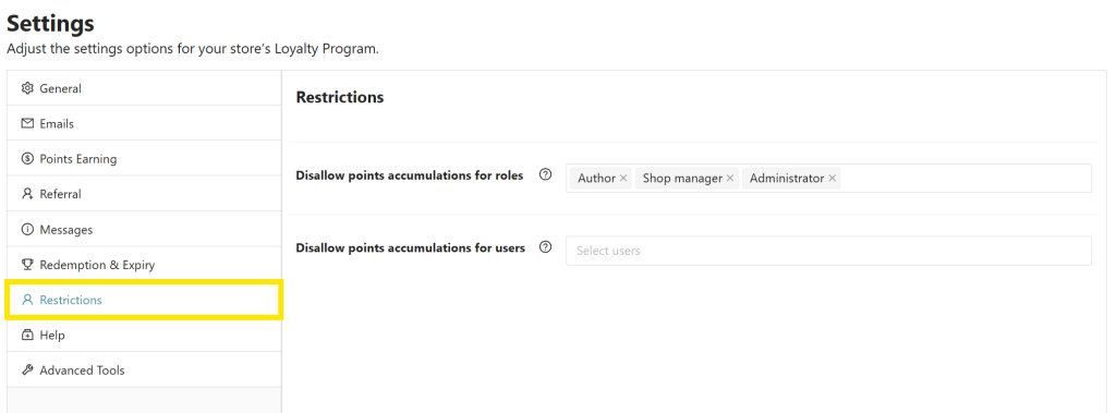 restrictions-settings - Advanced Coupons Loyalty Program restrictions settings, showing options to disallow points accumulation for specific roles and users