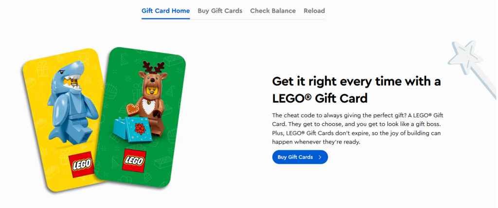 LEGO gift cards with LEGO characters, promoting gift cards as a great gift option.