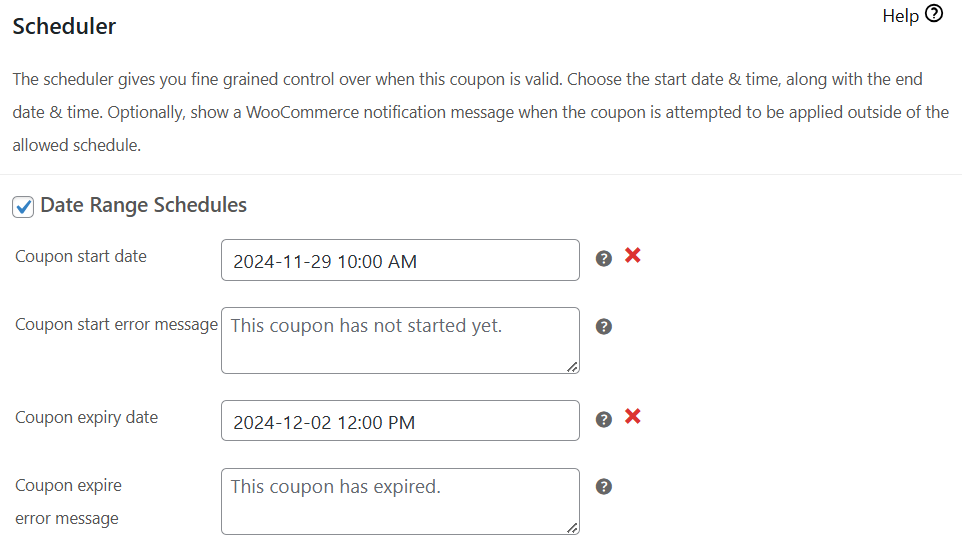 Advanced Coupons' scheduler interface showing start and expiry date settings for WooCommerce promotions