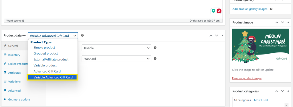 Product data dropdown in WooCommerce highlighting the selection of Variable Advanced Gift Card as the product type
