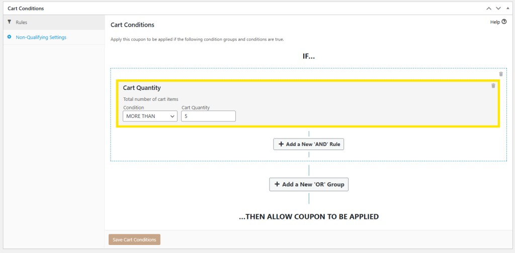 Cart quantity condition settings in Advanced Coupons, with "More than 5 items" as the threshold