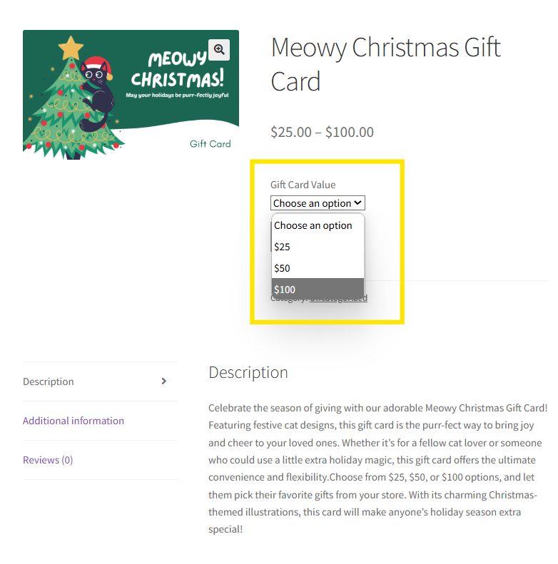 Variable gift card example on WooCommerce, showcasing  gift card options with multiple price points