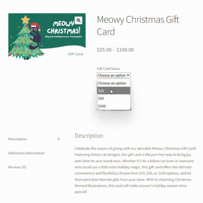 GIF showing a customer selecting a , , or 0 gift card value on the product page.