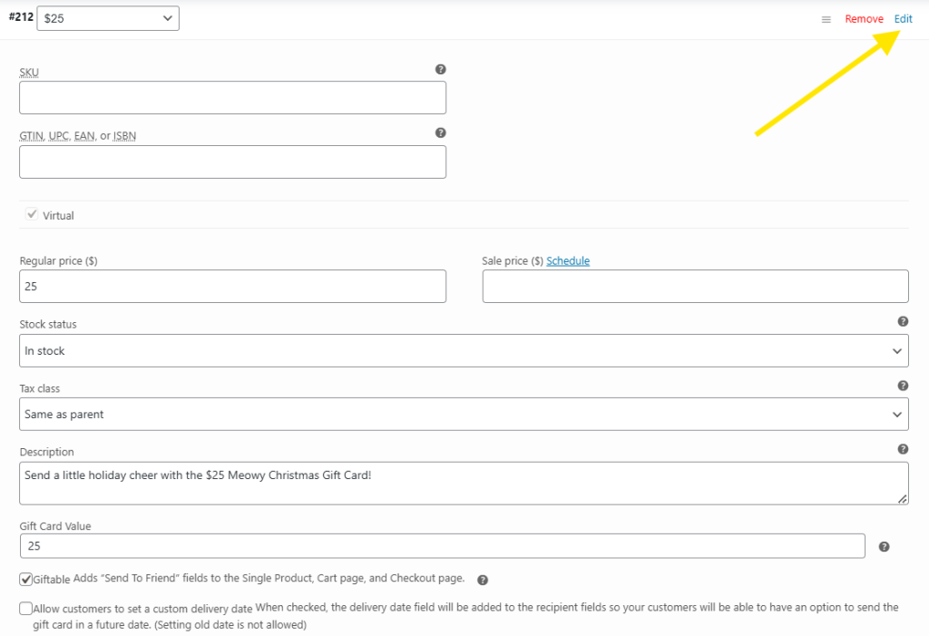 WooCommerce product settings showing price, stock, and description fields for a  gift card variation.