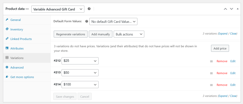 Product variations list in WooCommerce for $25, $50, and $100 variable gift cards 