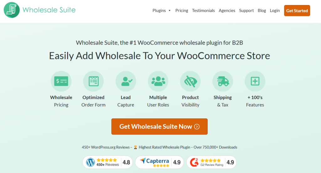 Wholesale Suite homepage showcasing features like wholesale pricing, optimized order forms, product visibility, and more for WooCommerce stores