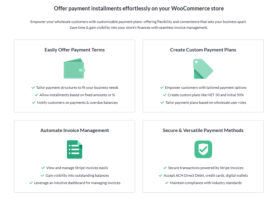 Overview of payment installment features for WooCommerce, including custom payment plans, invoice management, and secure payment methods.