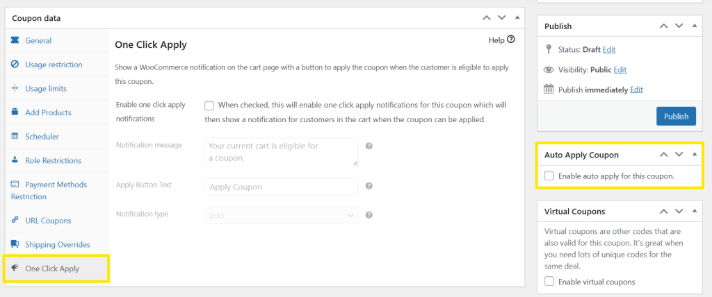Advanced Coupons settings screen showcasing the One Click Apply and Auto Apply Coupon features in WooCommerce