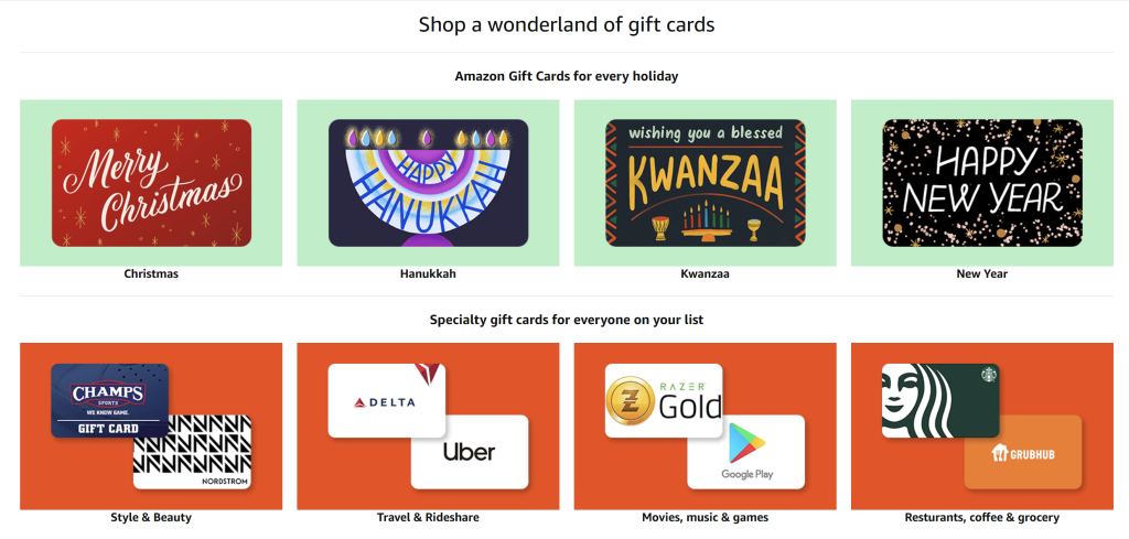 Amazon gift card options organized by holiday and theme, including Christmas, New Year, travel, games, and coffee 